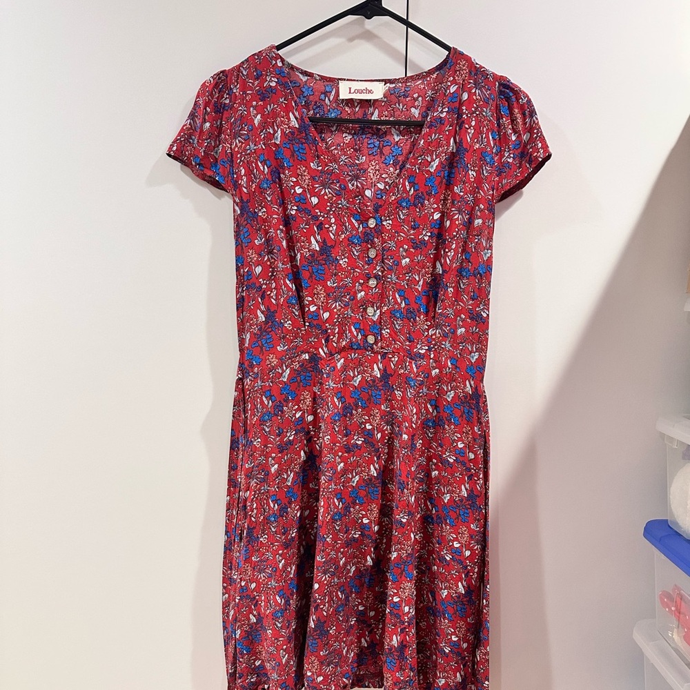 Louche Cathleen Flower Sketch Print Mini Tea Dress - Red & Blue